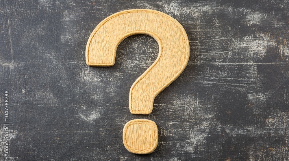 A wooden question mark on a dark, weathered surface.