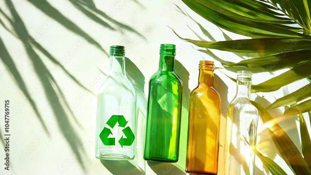 Recycled glass bottles arranged with green palm leaves for an eco-friendly decor concept Recycled glass bottles arranged with green palm leaves for an eco-friendly decor concept