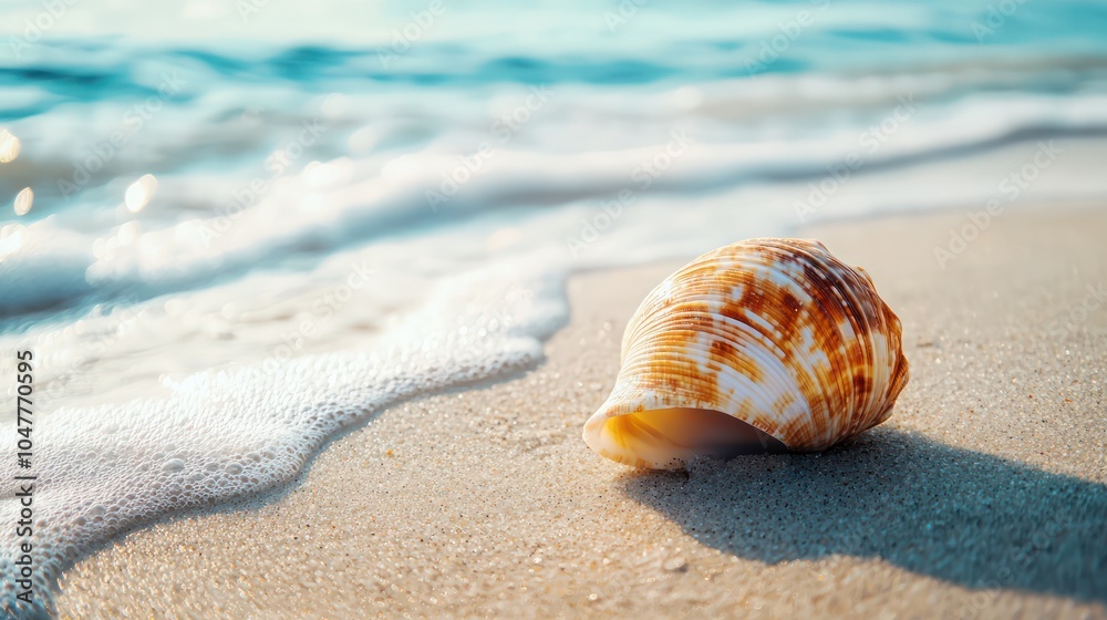A shell on sandy beach with a relaxed summer vibe. A shell on sandy beach with a relaxed summer vibe.