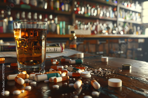 A close-up of a whiskey glass surrounded by scattered pills, capturing a moody and contemplative ambiance in a bar setting. photo