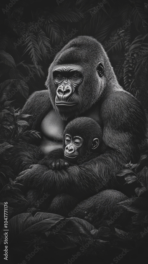 gorilla and its baby sitting quietly in dense rainforest, surrounded by lush greenery, showcasing tender moment of connection and tranquility gorilla and its baby sitting quietly in dense rainforest, surrounded by lush greenery, showcasing tender moment of connection and tranquility