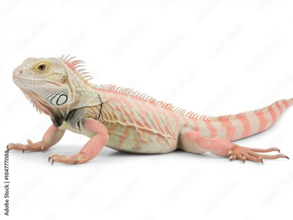 Obraz premium Desert Iguana with striking pale coloration rests against a white background showcasing its distinct features under even studio lighting. The iguana appears calm and still.