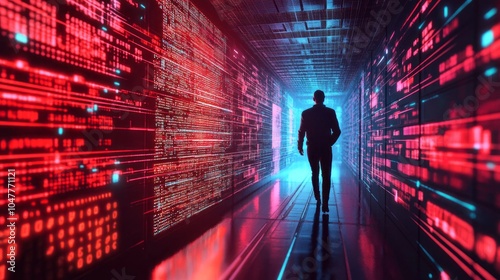 A man walks through a tunnel of glowing computer code