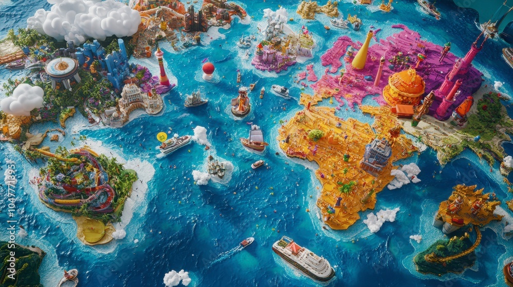 Fototapeta premium Colorful and Whimsical Global Map in 3D Design