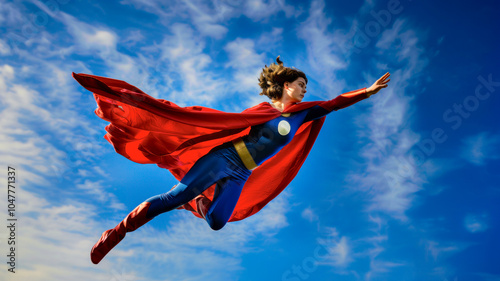 Superhero woman flying in blue skies photo