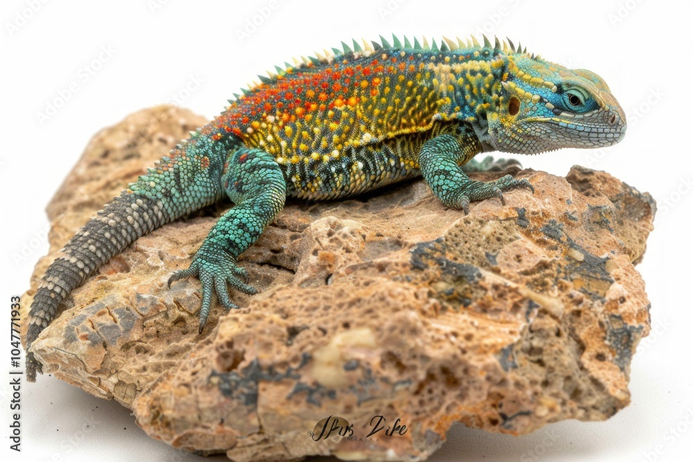 Desert Spiny Lizard is seen perched on a textured rock showcasing its bright spiky scales in a well lit setting. The lizards colors stand out beautifully against the white background. Desert Spiny Lizard is seen perched on a textured rock showcasing its bright spiky scales in a well lit setting. The lizards colors stand out beautifully against the white background.