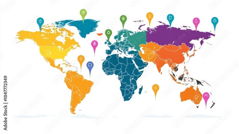 Naklejka premium Colorful World Map with Location Markers