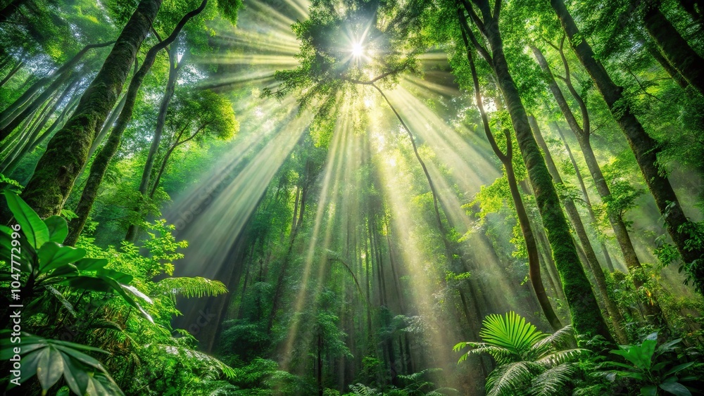 Obraz premium Symmetrical dense foliage in rainforest with radiant light beams