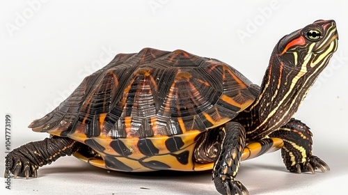 An Eastern Box Turtle displays its colorful shell and intricate patterns while remaining motionless on a soft white surface. The photo captures its striking appearance beautifully. photo