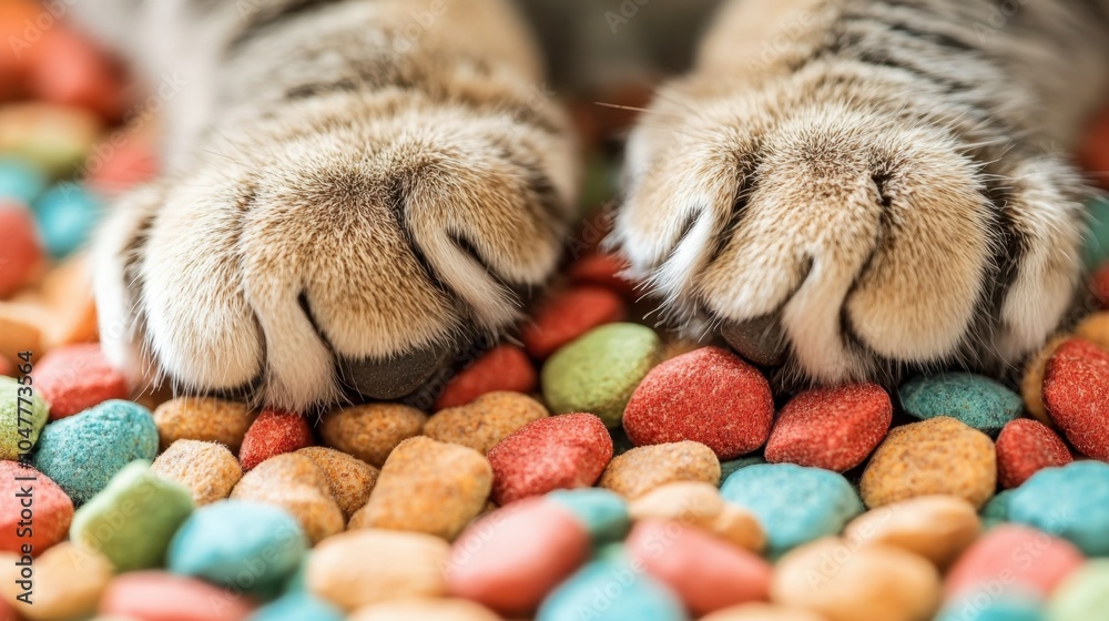 Tiger Paws on Colorful Pebbles Background