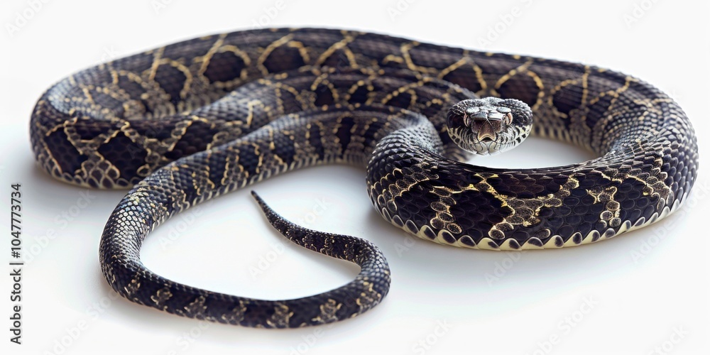Eastern Diamondback Rattlesnake rests in a coiled position displaying its unique diamond shaped patterns and a visible rattle captured in sharp focus. Eastern Diamondback Rattlesnake rests in a coiled position displaying its unique diamond shaped patterns and a visible rattle captured in sharp focus.