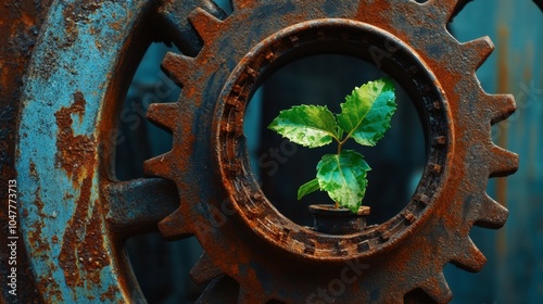 Green Plant Growing in Rusty Gear