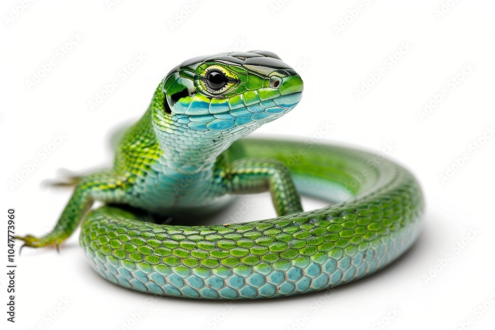Eastern Glass Lizard rests gracefully on a bright white surface highlighting its unique elongated body and striking coloration under bright lighting. Eastern Glass Lizard rests gracefully on a bright white surface highlighting its unique elongated body and striking coloration under bright lighting.
