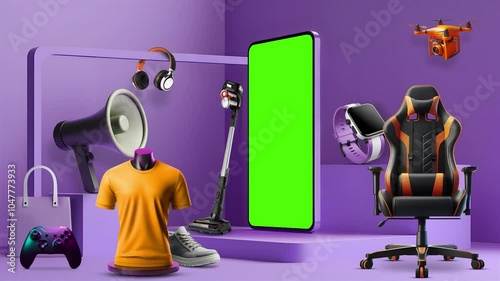 Ecommerce and sales theme with shopping products. Green screen smartphone mockup on podium.
