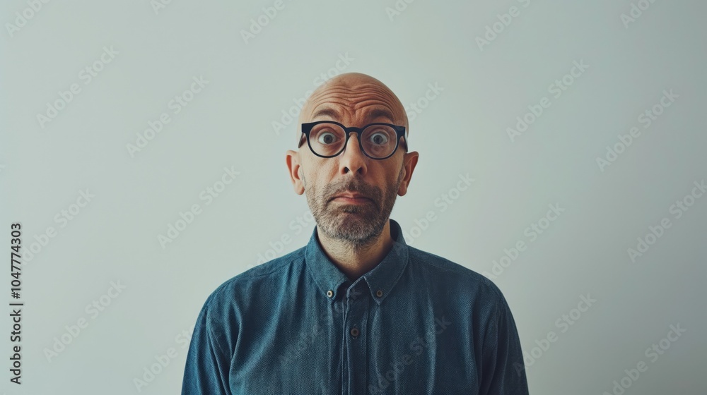 Surprised Man with Glasses Against Plain Background Surprised Man with Glasses Against Plain Background