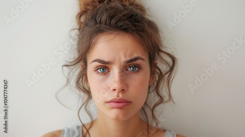 Pensive Young Woman with Freckles and Curly Hair