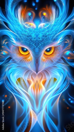 Illustration of an abstract owl with glowing eyes and intricate blue and orange flowing lines, creating a vibrant, mystical digital artwork concept.