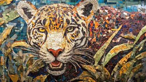 Colorful mosaic of jaguar's face and part its body amidst foliage