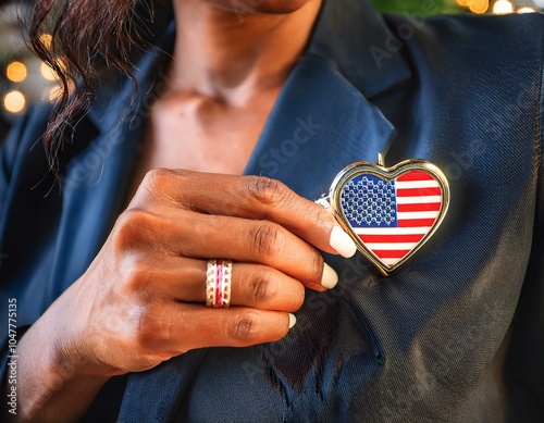 american patriot pinning shiny lapel pin in the shape of a heart with the us american flag celebrating patriotism and love of america for 4th of july or to celebrate another patriotic usa holiday