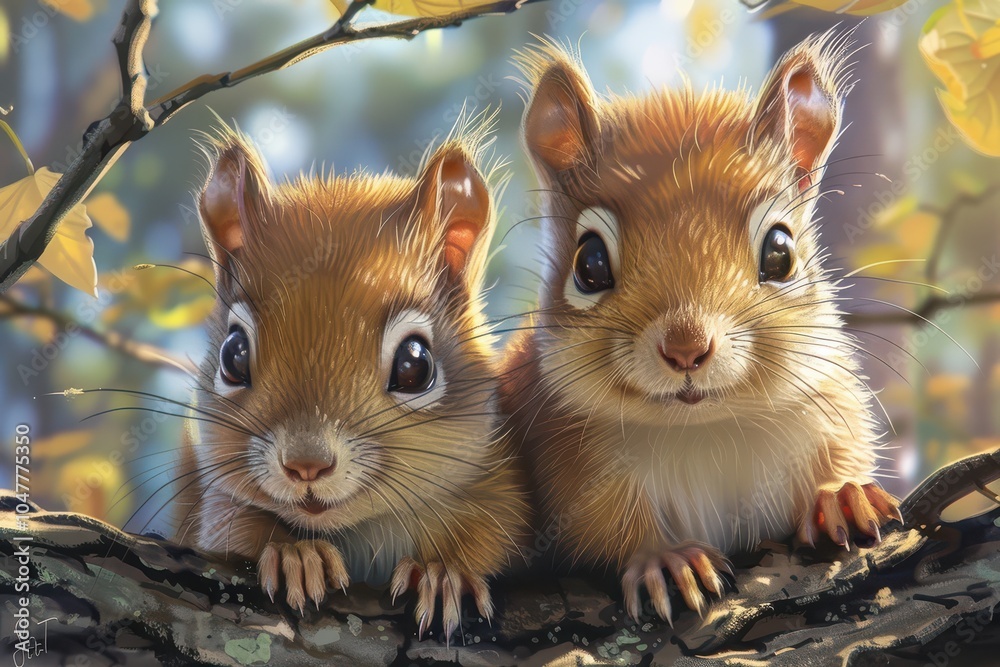 Adorable cartoon-style illustration of two baby squirrels sitting together on a log, smiling.