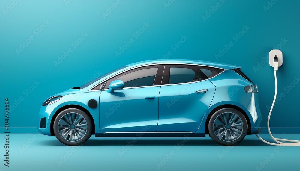 Fototapeta premium blue electric car connected to charger on blue background with copy space 3d rendering 3d illustration