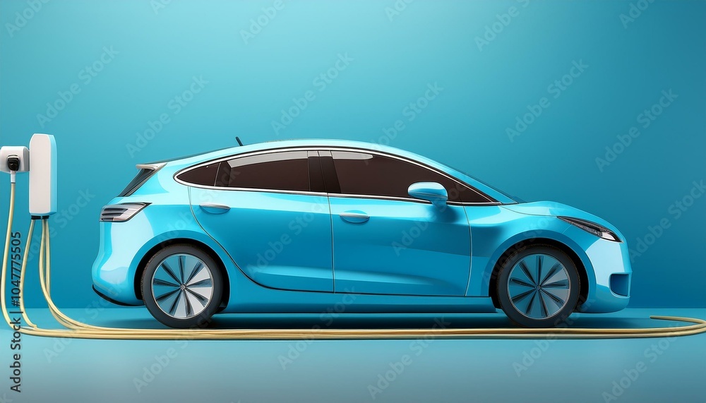 Obraz premium blue electric car connected to charger on blue background with copy space 3d rendering 3d illustration