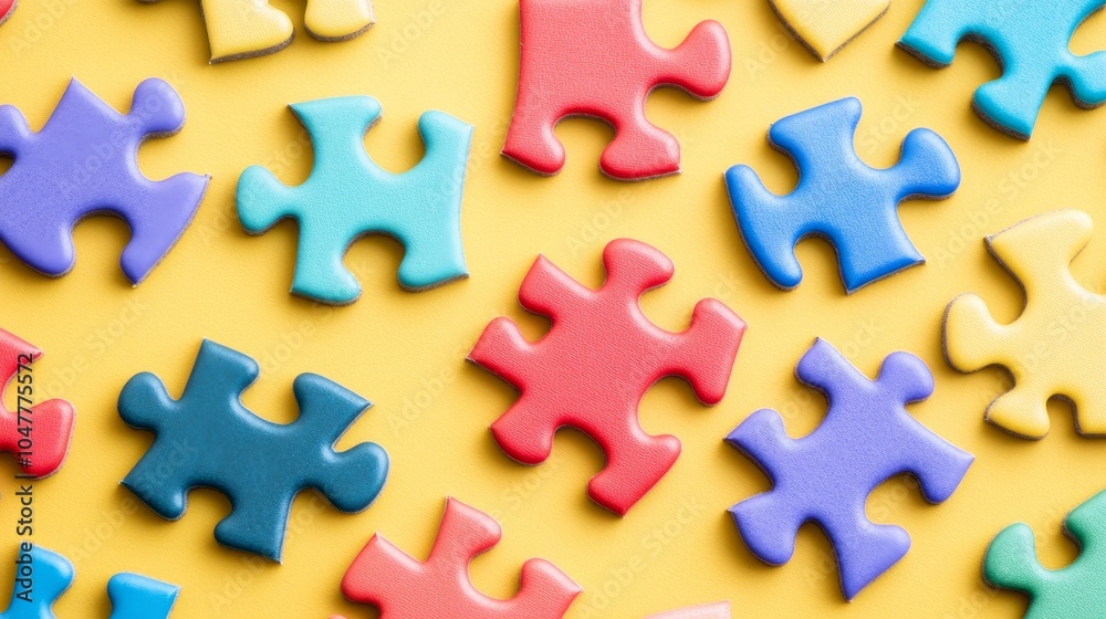 Colorful Puzzle Pieces on a Yellow Background, Conceptual Image for Autism Awareness.