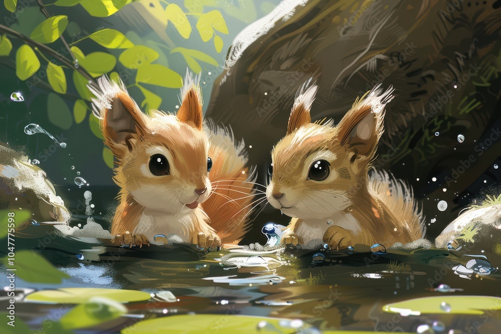 Adorable cartoon-style illustration of two baby squirrels sitting together on a log, smiling.