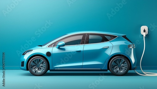 blue electric car connected to charger on blue background with copy space 3d rendering 3d illustration