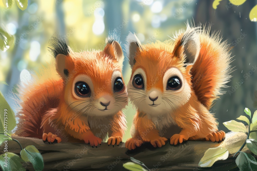 Adorable cartoon-style illustration of two baby squirrels sitting together on a log, smiling.