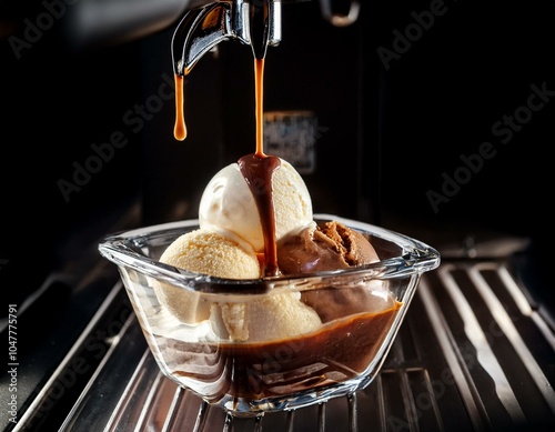 coffee pouring from a coffee machine onto ice cream in a glass container