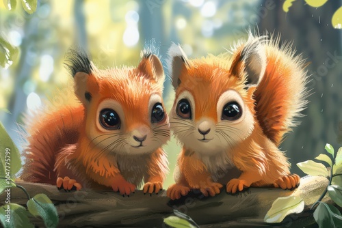Obraz na płótnie Adorable cartoon-style illustration of two baby squirrels sitting together on a log, smiling. w salonie