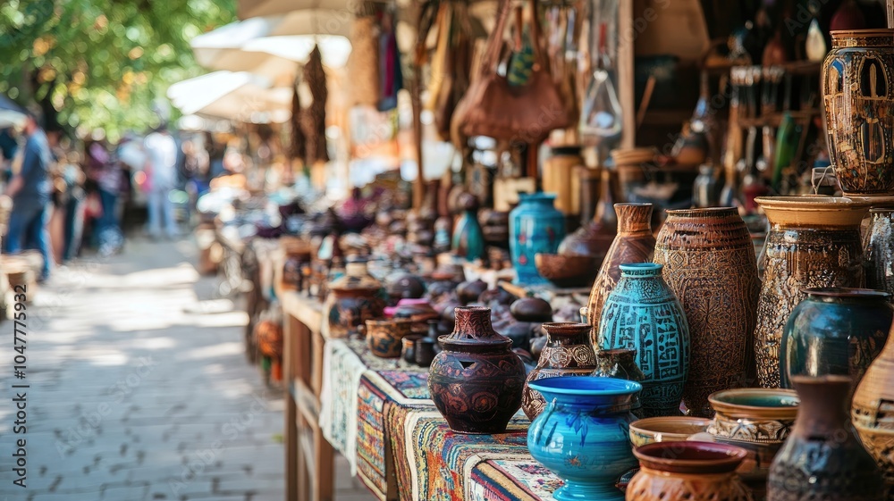 Fototapeta premium Colorful market stall showcasing handmade pottery and crafts