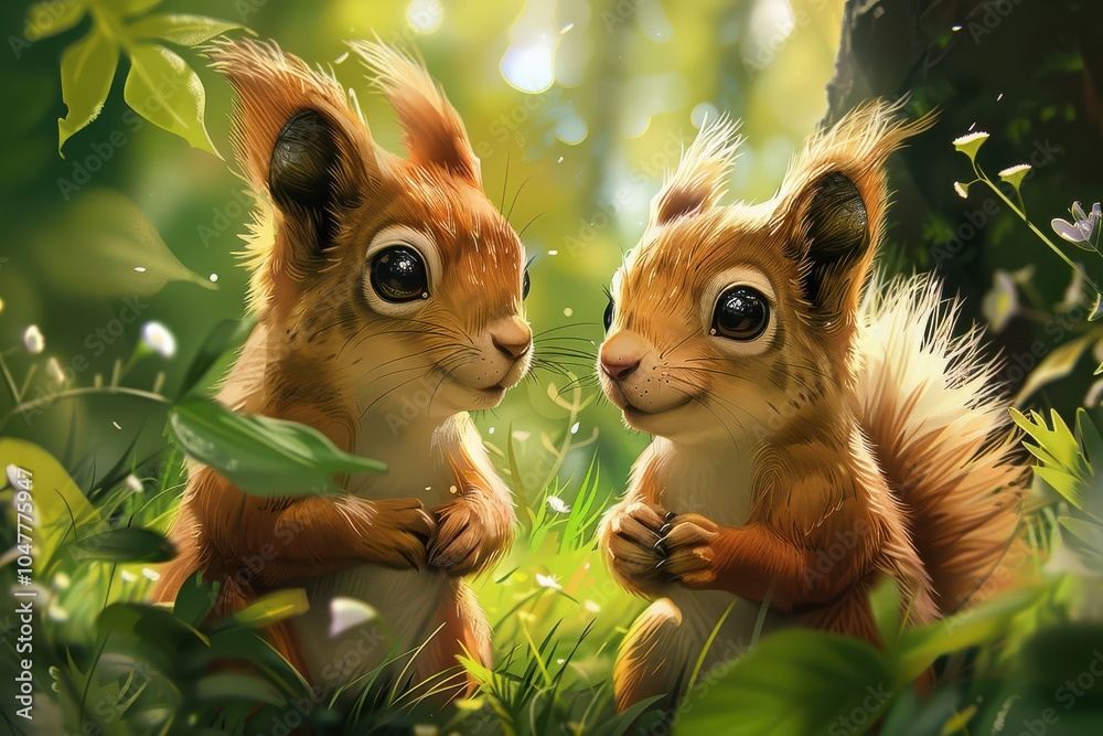 Adorable cartoon-style illustration of two baby squirrels sitting together on a log, smiling.