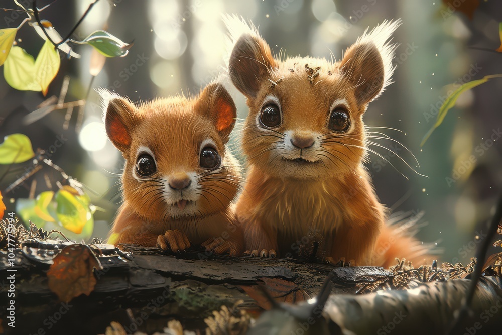 Adorable cartoon-style illustration of two baby squirrels sitting together on a log, smiling.
