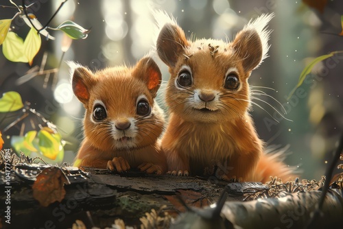 Obraz na płótnie Adorable cartoon-style illustration of two baby squirrels sitting together on a log, smiling. w salonie