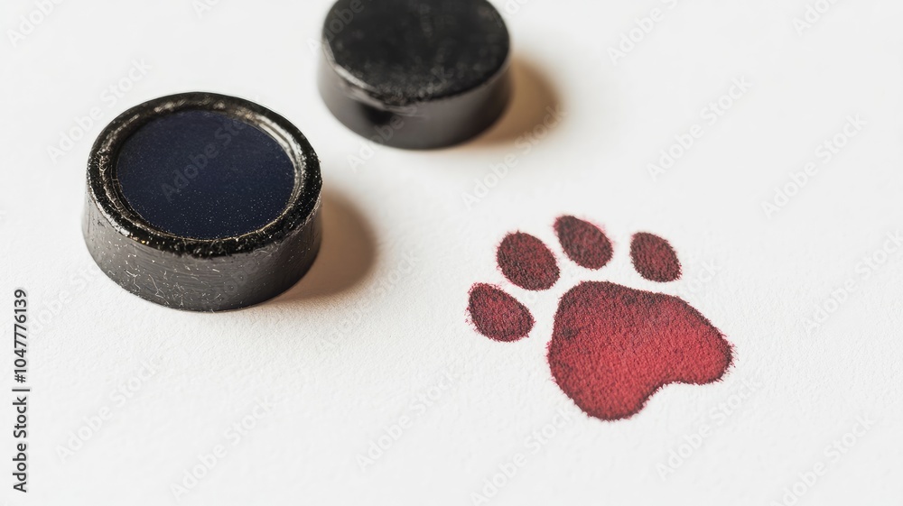 Red paw print stamp and ink pad on white surface Red paw print stamp and ink pad on white surface