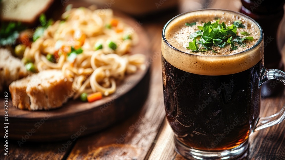 Dark beer in clear mug with pasta on wooden table Dark beer in clear mug with pasta on wooden table