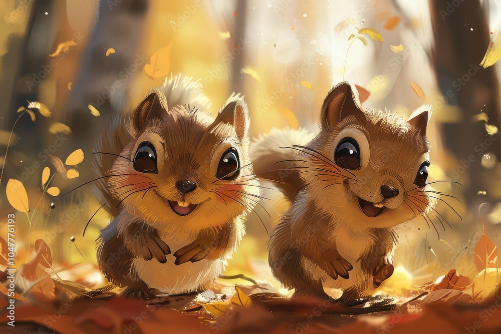 Adorable cartoon-style illustration of two baby squirrels sitting together on a log, smiling.