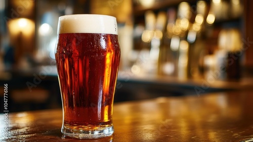 Full pint of amber beer on wooden bar counter in pub