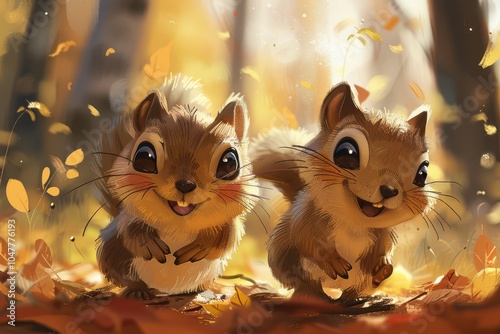 Obraz na płótnie Adorable cartoon-style illustration of two baby squirrels sitting together on a log, smiling. w salonie