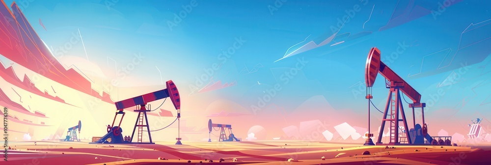 Fototapeta premium Oil drilling derricks are extracting crude oil in a desert oilfield under clear skies, highlighting industrial activity in remote locations. Generative AI