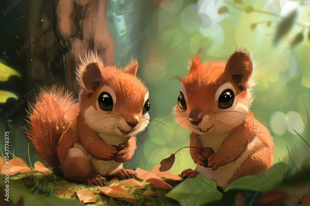 Adorable cartoon-style illustration of two baby squirrels sitting together on a log, smiling.