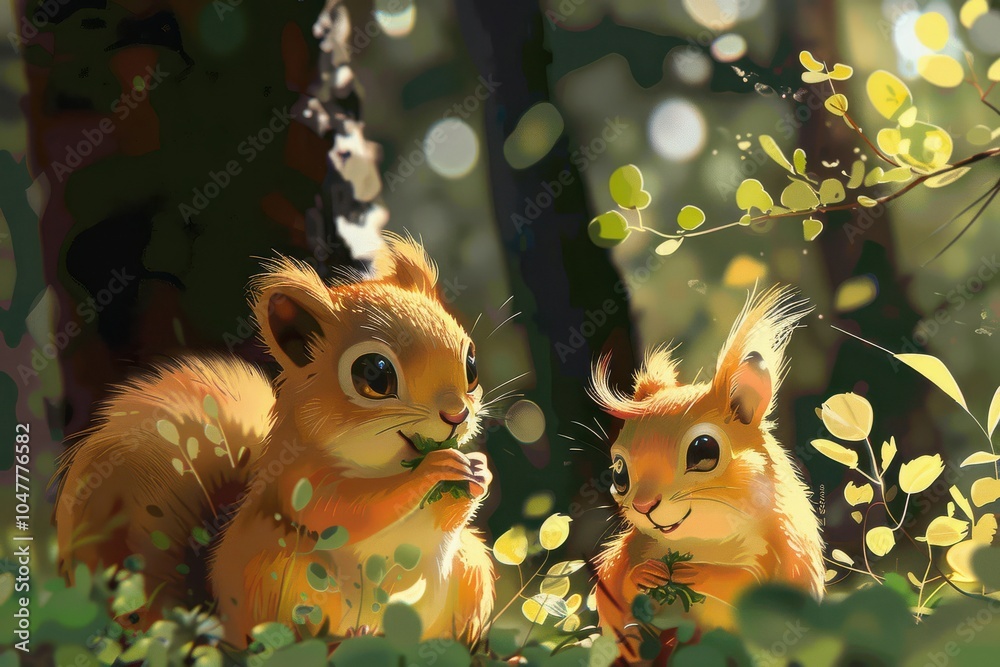 Adorable cartoon-style illustration of two baby squirrels sitting together on a log, smiling.