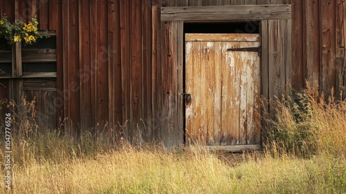 Weathered wooden barn door in grassy field, rustic atmosphere