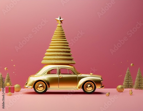 golden toy car arriving with gold christmas tree on pink background christmas greeting card design with text 3d rendering 3d illustration