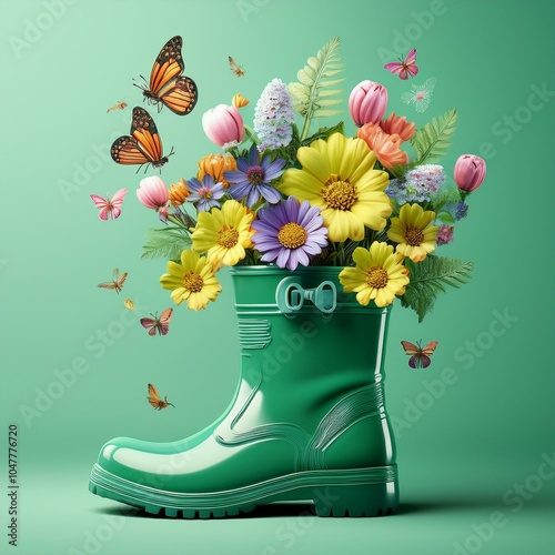 green rubber boot full of colorful spring flowers with butterflies and bees on mint green background spring is here concept 3d rendering 3d illustration