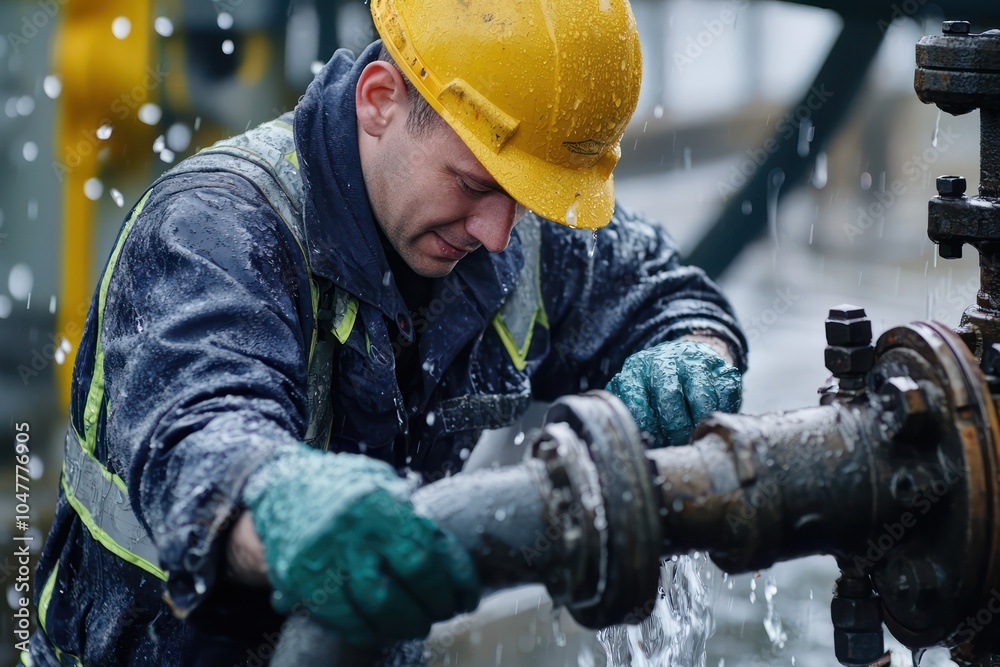 A utility worker engaged in the maintenance of water supply infrastructure. A utility worker engaged in the maintenance of water supply infrastructure.