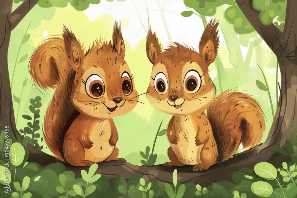 Adorable cartoon-style illustration of two baby squirrels sitting together on a log, smiling.