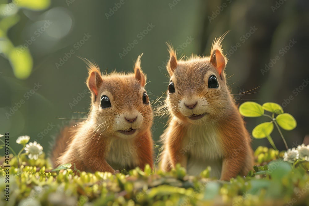 Adorable cartoon-style illustration of two baby squirrels sitting together on a log, smiling.